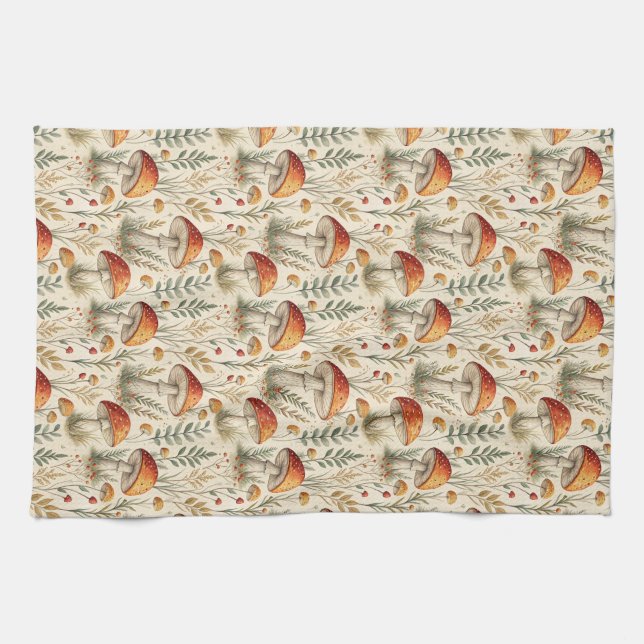 Boho Woodland Mushroom Pattern Tea Towel (Horizontal)