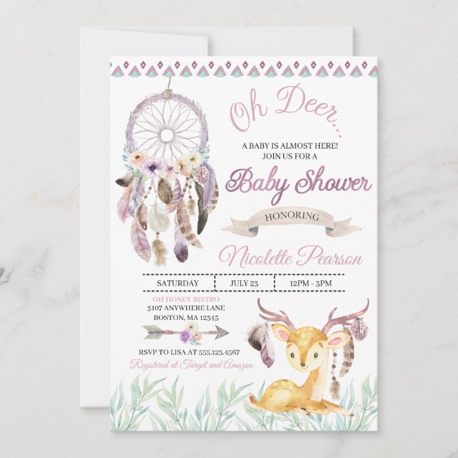 Boho Woodland Purple Baby Shower Invitation (Front)