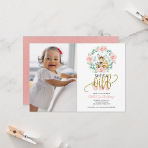 Boho Woodland She's a Wild One Photo 1st Birthday Invitation