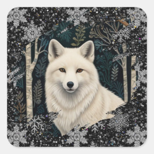 Boho woodland white fox sparkling snowflakes square sticker