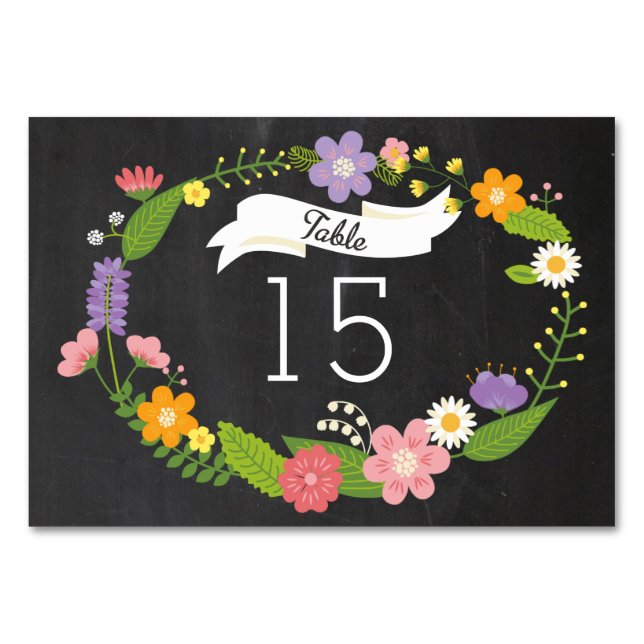 Boho Woodland Wreath on Chalkboard Wedding Table Number (Front)