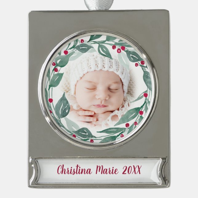 Boho Wreath Grandparents First Christmas Photo Silver Plated Banner Ornament (Front)
