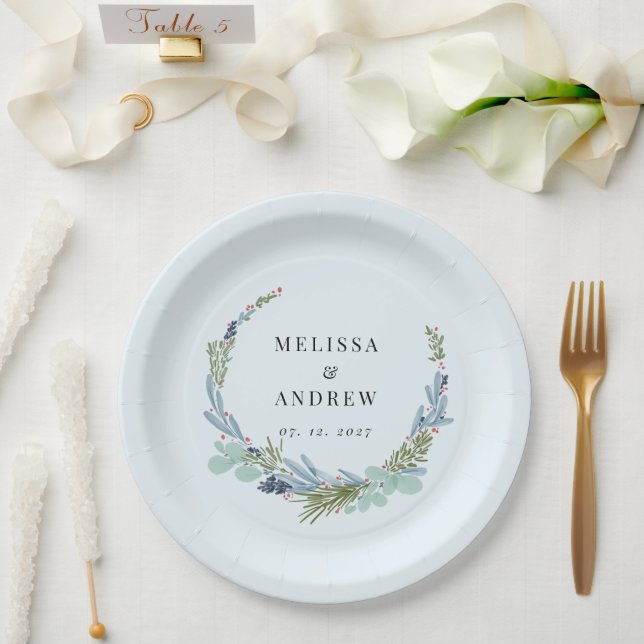 Boho Wreath on Light Blue Wedding Design Paper Plate (Wedding)