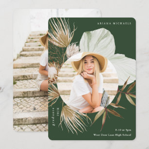 Boho Wreath Two Photo Graduation Green Announcement