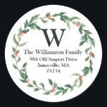 Boho Wreath with Berries & Monogram Address Classic Round Sticker<br><div class="desc">A green watercolor wreath with delicate small red berries creates a beautiful round address sticker for your Christmas cards and invitations. A large monogram sits at the top of the round address label. Then your family name and address. The white background makes it light and airy. It will complement any...</div>