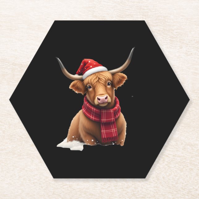 Boho Xmas Christmas Highland Cow T-Shirt (1) Paper Coaster (Front)