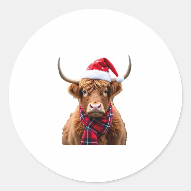 Boho Xmas Christmas Highland Cow T-Shirt (2) Classic Round Sticker (Front)