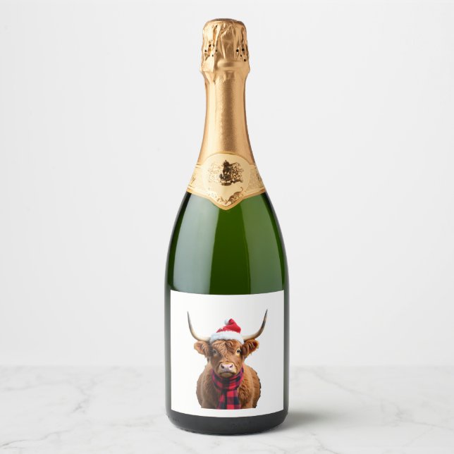 Boho Xmas Christmas Highland Cow T-Shirt (3) Sparkling Wine Label (Front)