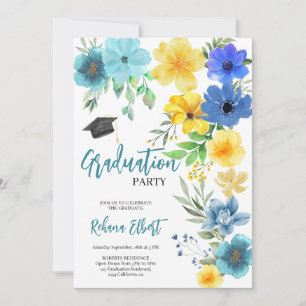Boho Yellow & Blue Floral Graduation Invitation