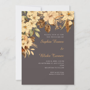 Boho Yellow Floral Autumn Ash Grey Wedding Invitation