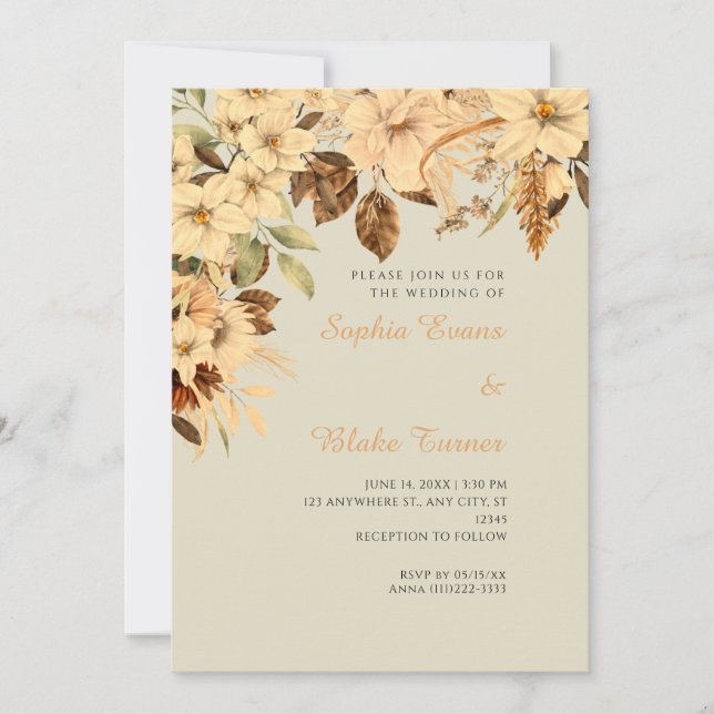 Boho Yellow Floral Autumn Bamboo Wedding Invitation (Front)