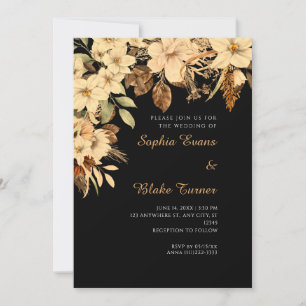 Boho Yellow Floral Autumn Black Wedding Invitation
