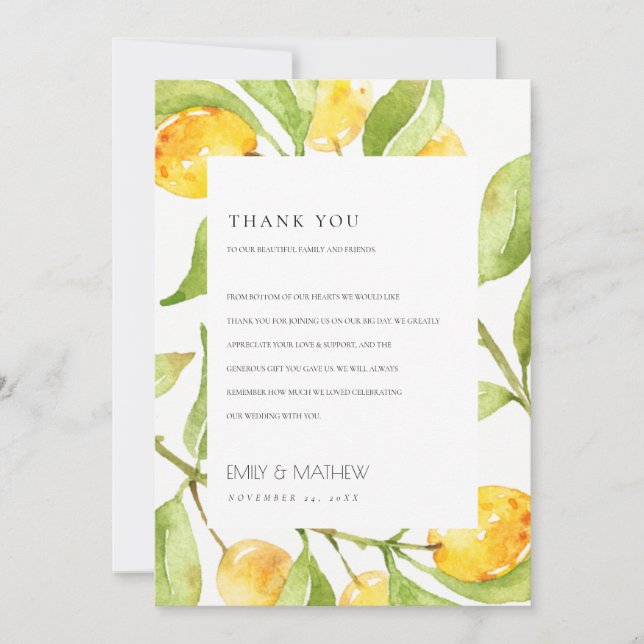 BOHO YELLOW GREEN WATERCOLOUR FOLIAGE OLIVE THANK YOU CARD (Front)