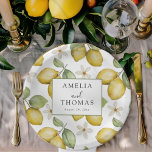 Boho Yellow Lemons Wedding Paper Plate<br><div class="desc">Add a fresh Mediterranean touch to your celebration with this charming lemon wedding plate. Featuring a bright watercolor lemon and blossom pattern with soft green leaves, the design frames the couple’s names and wedding date in an elegant center panel. Perfect for engagement parties, bridal showers, rehearsal dinners, or wedding receptions,...</div>