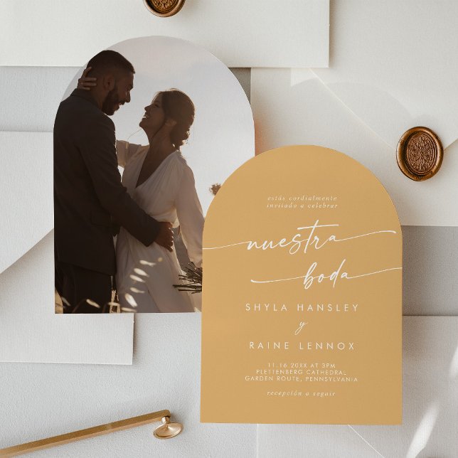 Boho Yellow Marigold Photo Arch Spanish Wedding Invitation (Creator Uploaded)