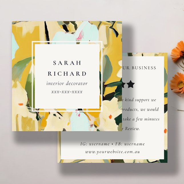 Boho Yellow Ochre Painted Floral Review Request Square Business Card (Creator Uploaded)