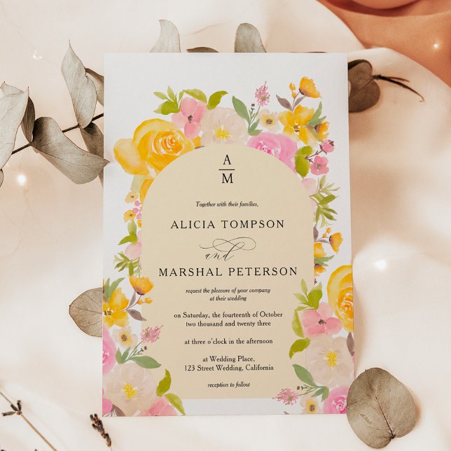 Boho Yellow pink floral arch chic wedding Invitation (Boho Yellow pink floral arch chic wedding Invitation)