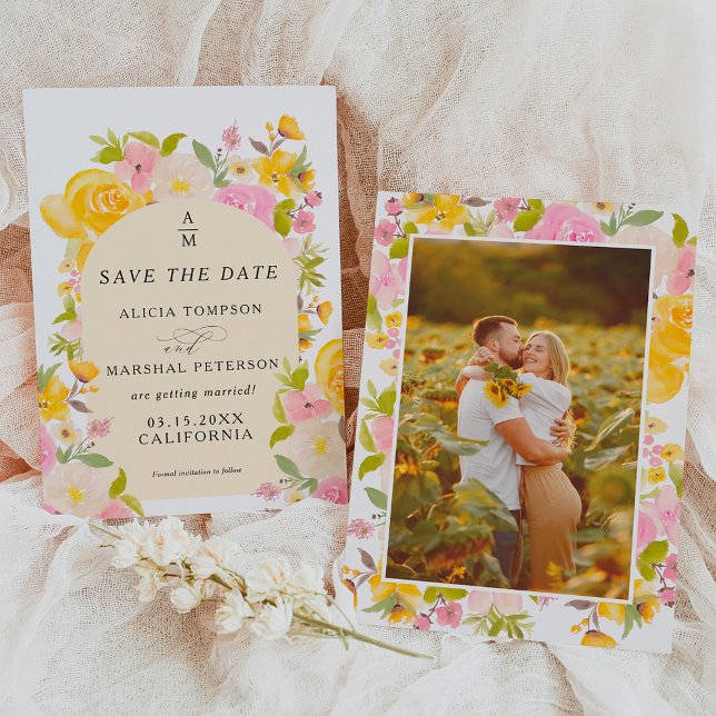 Boho Yellow pink floral arch chic wedding Save The Date (Boho Yellow pink floral arch chic wedding Save The Date)