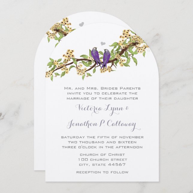 Boho Yellow Purple Bird Arch Shape Wedding  Invitation (Front/Back)