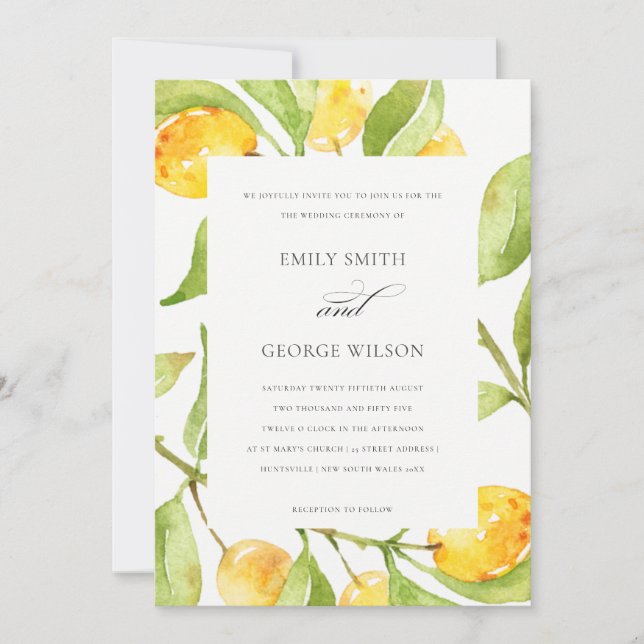 BOHO YELLOW WATERCOLOUR FOLIAGE OLIVE WEDDING INVITATION (Front)