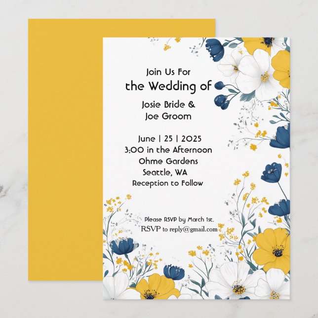 Boho yellow white flowers wedding invitation (Front/Back)