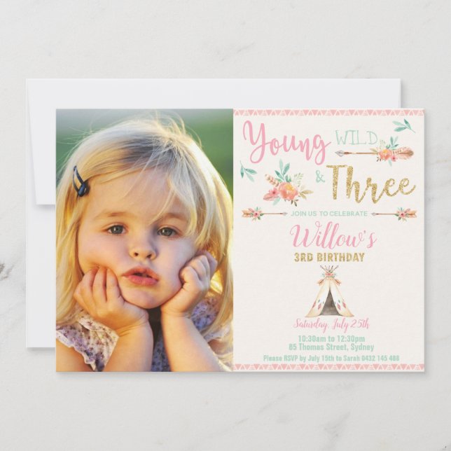 Boho Young Wild and Three 3rd Birthday Girl Photo Invitation (Front)