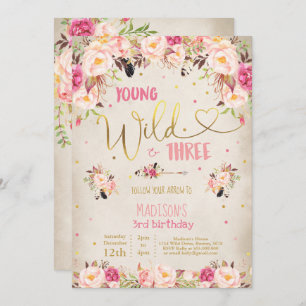 Boho Young Wild And Three Birthday Invitation