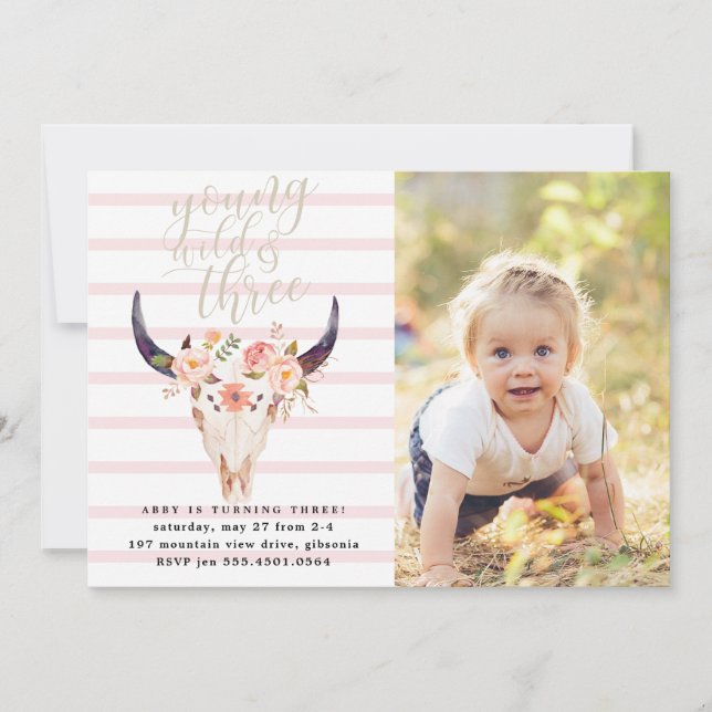 Boho Young Wild and Three Birthday Invitation (Front)