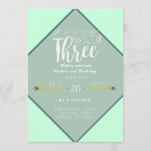 Boho Young Wild & Three   3rd Birthday Party Invitation