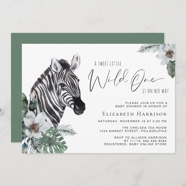 Boho Zebra Floral Watercolor Baby Shower Invitation (Front/Back)