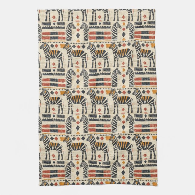 Boho Zebra Tribal Safari Pattern Tea Towel (Vertical)