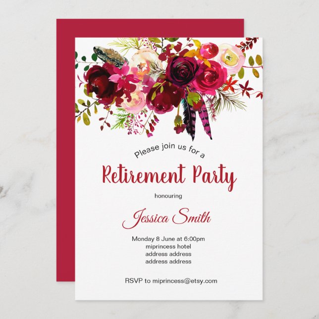 bohochic floral retirement party invitation (Front/Back)