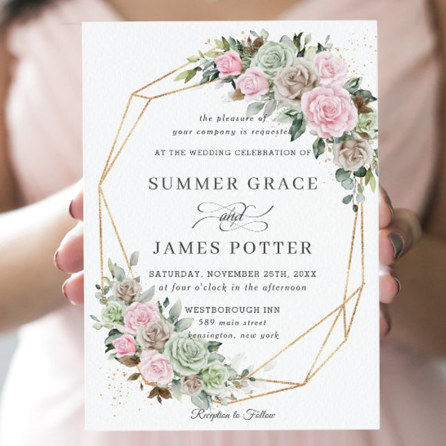BohoChic Pink Brown Sage Green Floral Gold Wedding Invitation (Creator Uploaded)