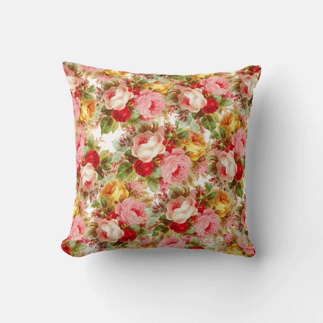Bohomien pink yellow red roses floral pattern cushion (Front)