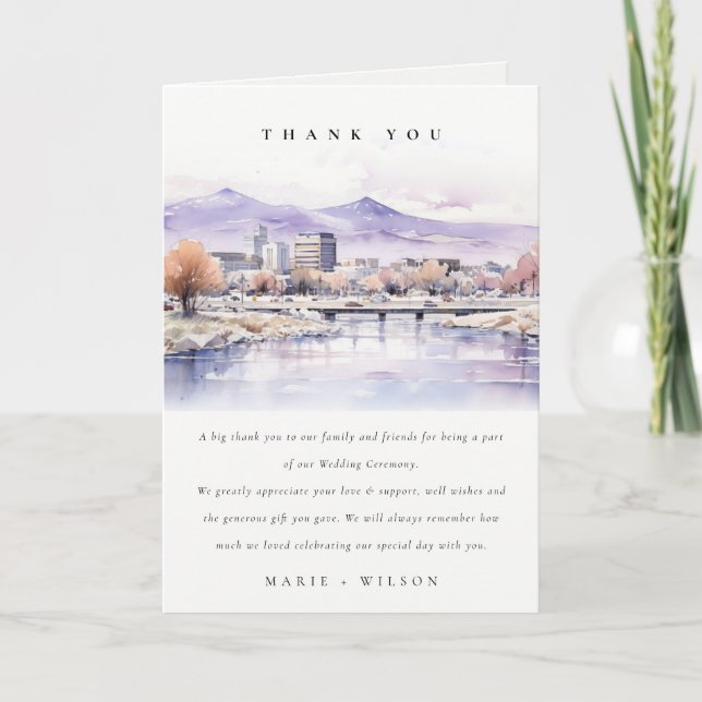 Boise, Idaho Watercolor Landscape Wedding Thank You Card (Front)