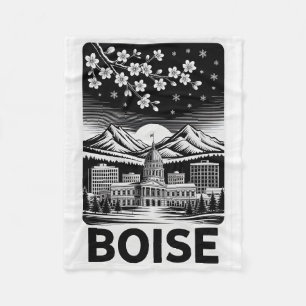 Boise Skyline Black and White Woodcut Winter  Fleece Blanket