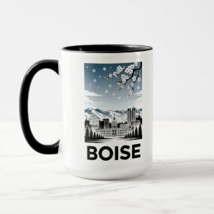 Boise Skyline Black and White Woodcut Winter Mug