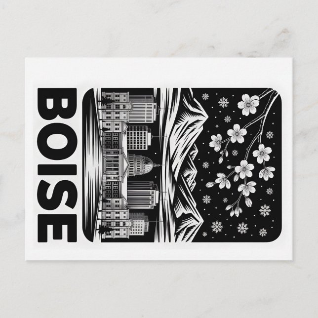 Boise Skyline Black and White Woodcut Winter  Postcard (Front)