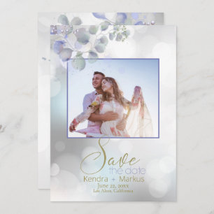 Bokeh and Lilac Mint Eucalyptus Save the Date Invitation