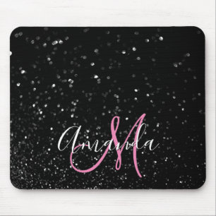 Bokeh Black Glitter Pink and White Monogram Mouse Pad