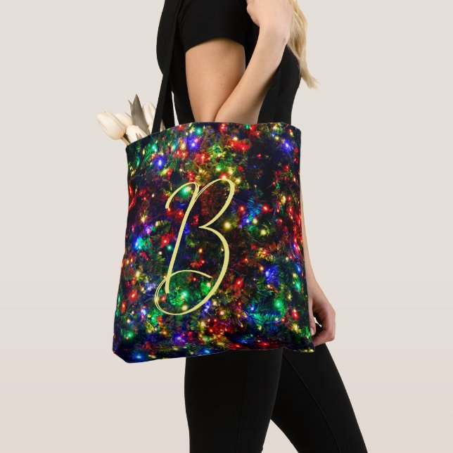 Bokeh Colourful Burry Christmas Lights Monogram Tote Bag (Close Up)