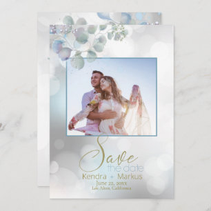 Bokeh Dusty Blue Laurel  Eucalyptus Save the Date Invitation