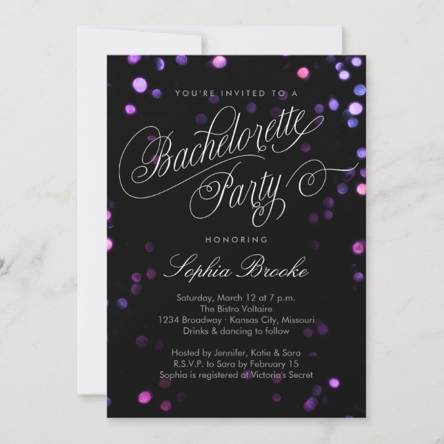Bokeh Glam Black & Pink Bachelorette Party Invite (Front)