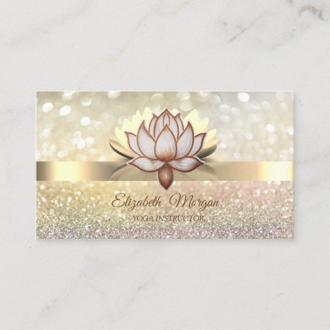 Bokeh Gold,Brown Lotus Flower Yoga Instructor Business Card (Front)