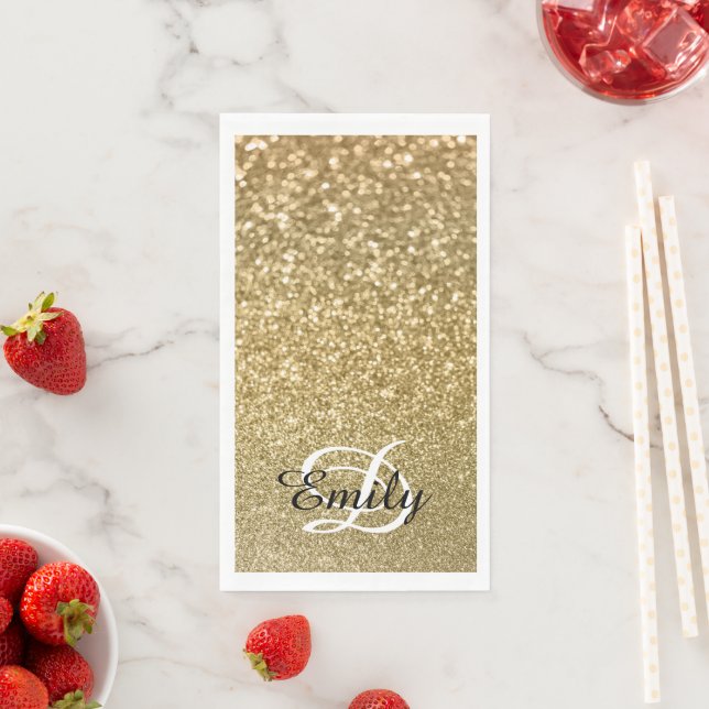 Bokeh Gold Glitter Black and White Monogram Napkin (Insitu)