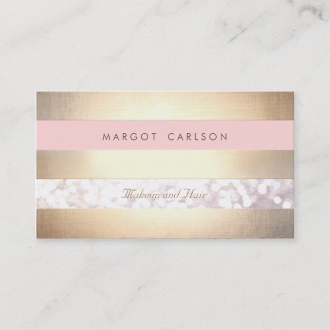 Bokeh Gold Striped Light Pink Makeup Artist Business Card (Front)