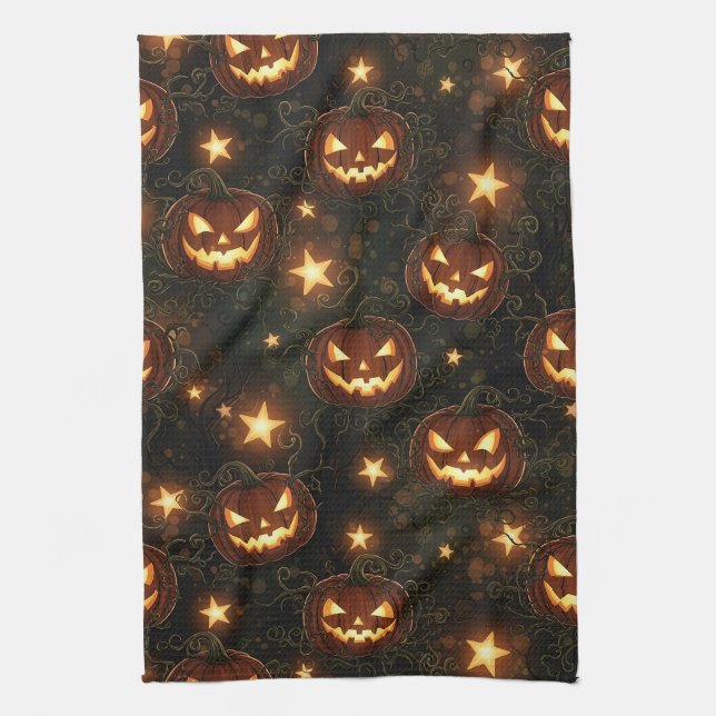 Bokeh Halloween Seamless | Glowing Jack-O’ Lantern Tea Towel (Vertical)
