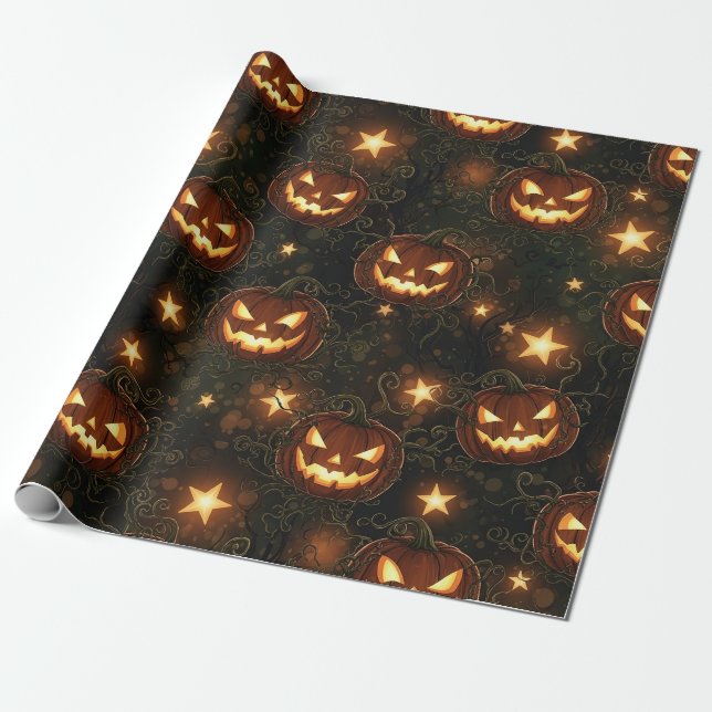 Bokeh Halloween Seamless | Glowing Jack-O’ Lantern Wrapping Paper (Unrolled)