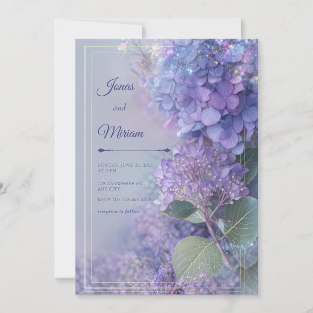Bokeh Lavender Hydrangea Ethereal Gold Frame Invitation (Front)