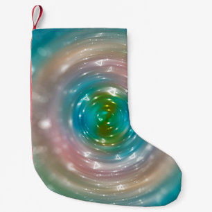 Bokeh light, shimmering blur spot lights on multic small christmas stocking